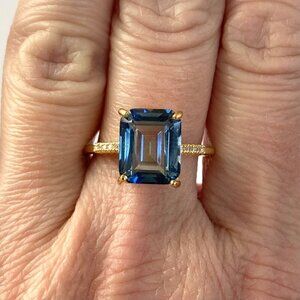 14K Gold Plated Sterling Silver 925 India Emerald Cut Blue Quartz Ring Sz 8.5